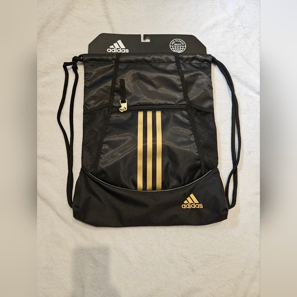 Adidas Alliance Sackpack Drawstring Black Backpack Gold Metallic Zippered Pocket - Picture 6 of 9